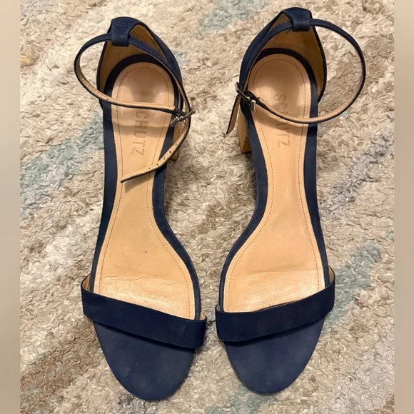 Schutz Navy Blue Suede Block Heels - Picture 2 of 4